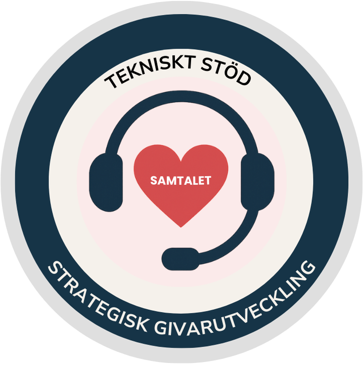 Emblem: samtalet i centrum, omgivet av tekniskt stöd och strategisk givarutveckling