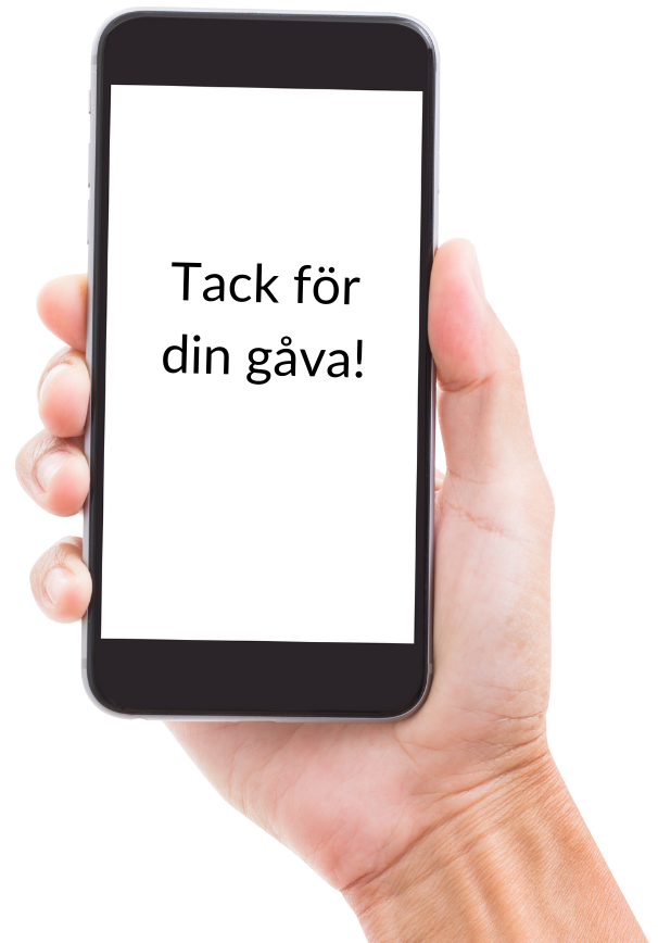 Mobiltelefon som visar bekräftelsen ”Tack för din gåva!”